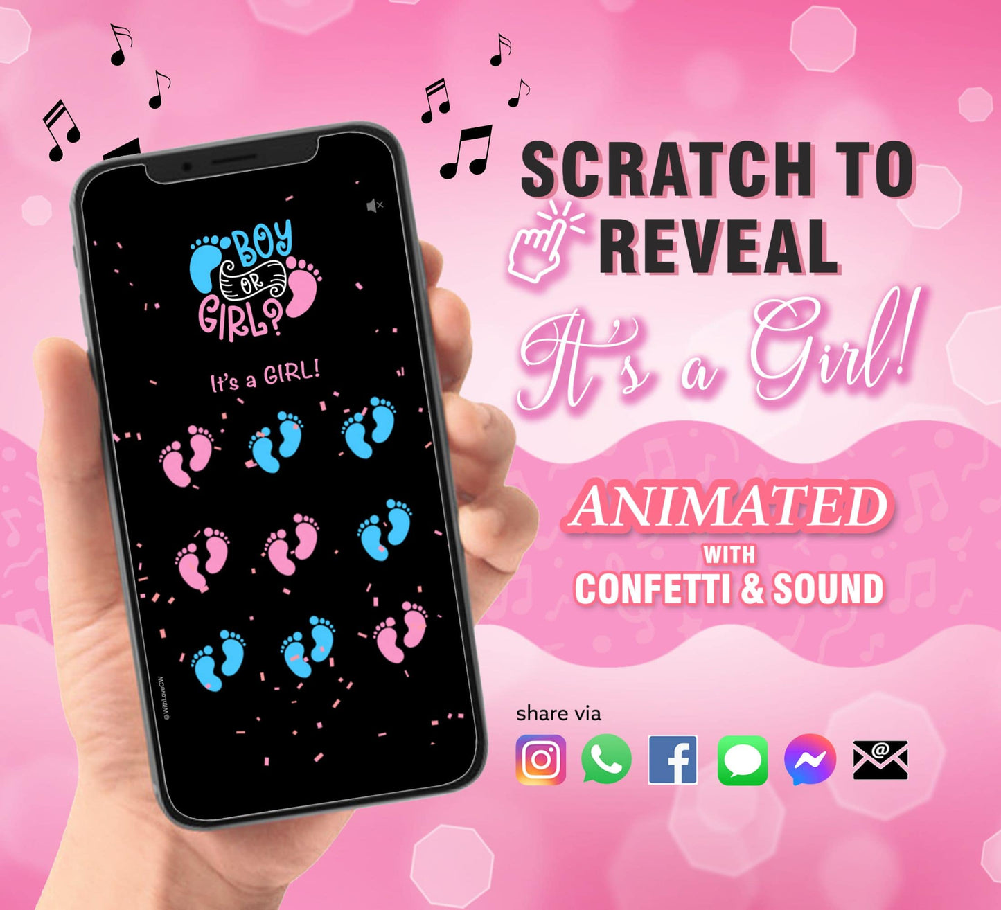 GIRL Animated Baby Gender Reveal Scratch Card With Sound