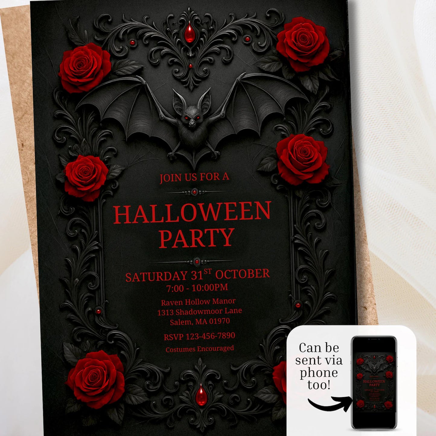 Halloween Gothic Bat Decor Invite Digital and Printable
