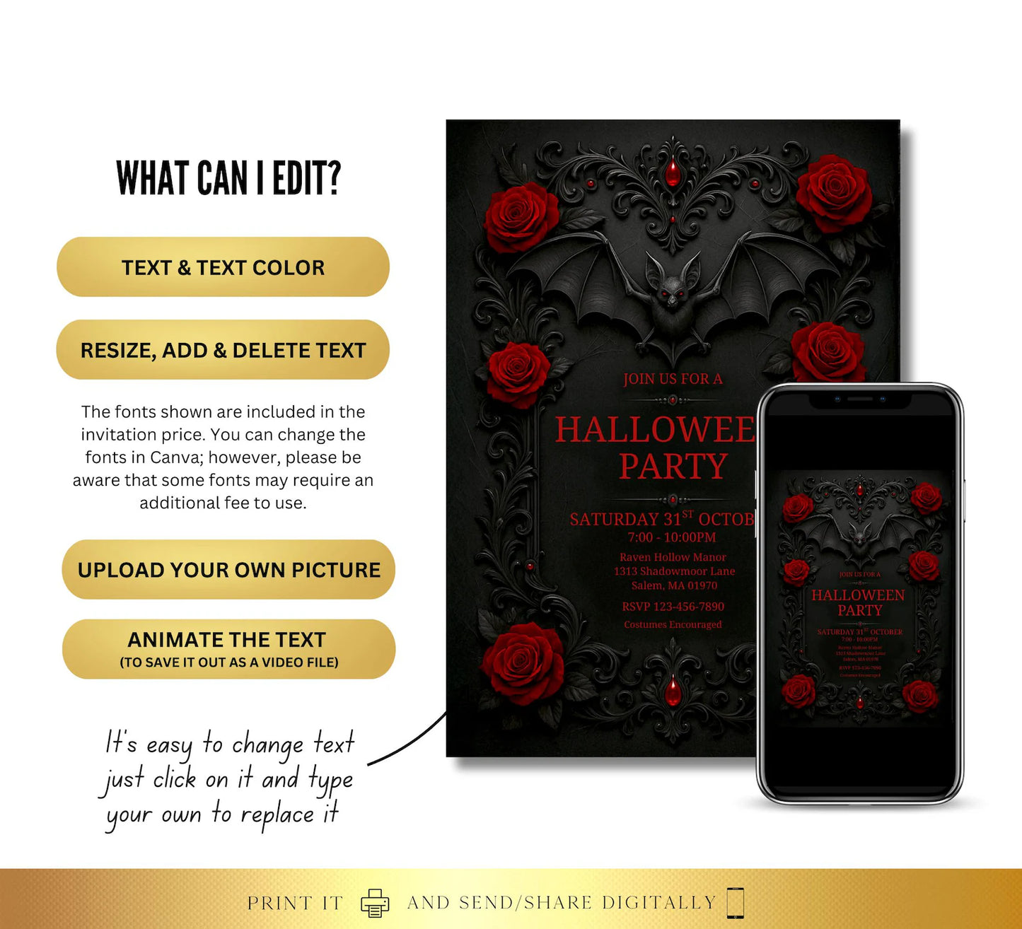 Halloween Gothic Bat Decor Invite Digital and Printable