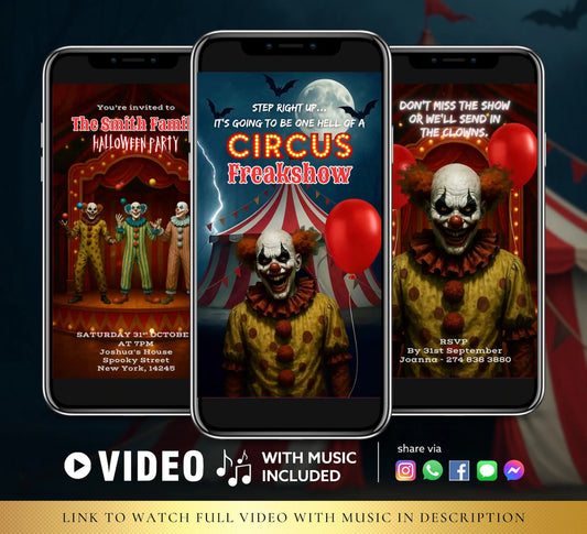 Three smartphone screens displaying Halloween-themed circus freakshow invitations with clowns and text.