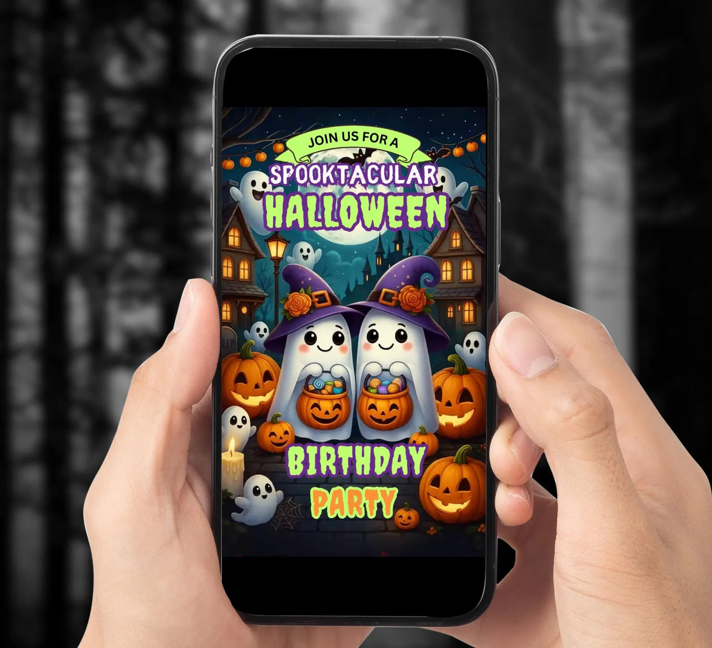 Editable Cute Dancing Ghosts Halloween Party Video Invitation