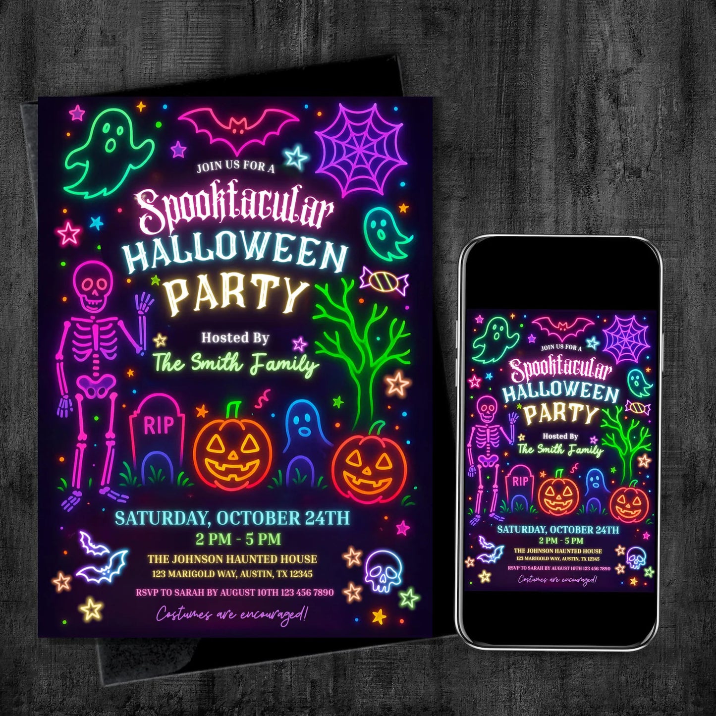 Editable Neon Glow Spooktacular Halloween Invitation | Kids Graveyard Bash | Skeleton Costume Party Theme | Digital & Printable Download