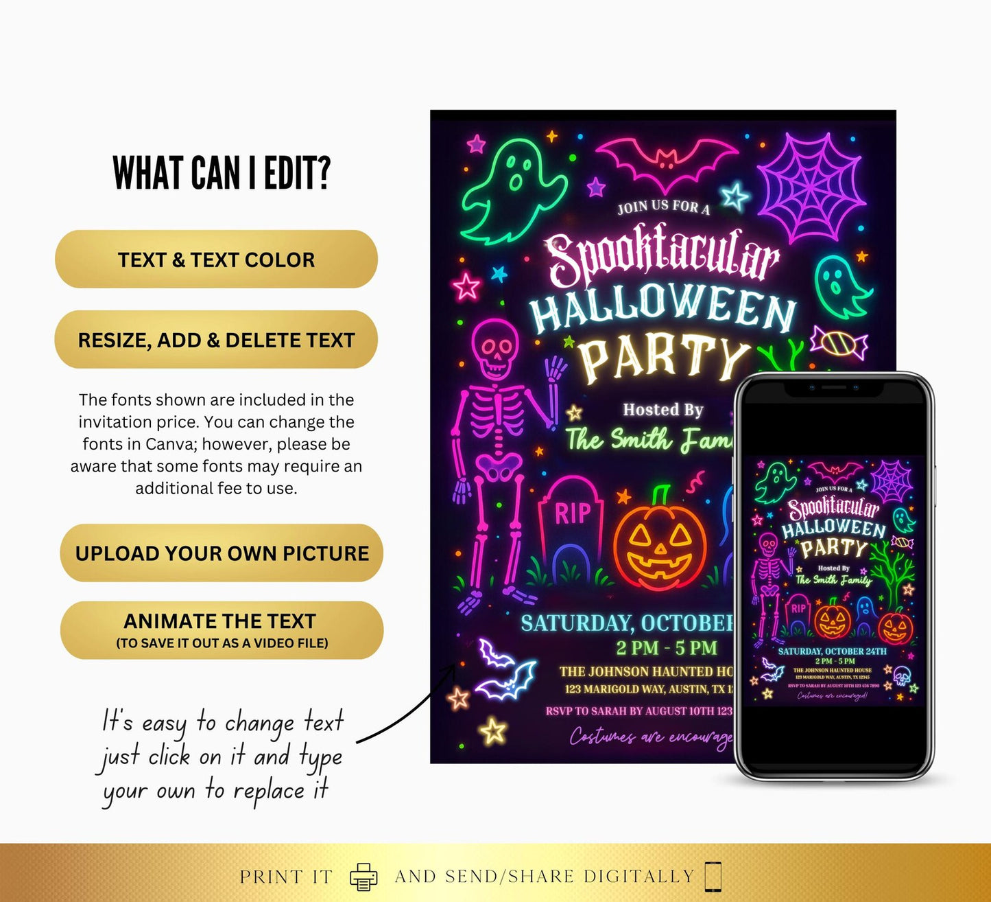 Editable Neon Glow Spooktacular Halloween Invitation | Kids Graveyard Bash | Skeleton Costume Party Theme | Digital & Printable Download