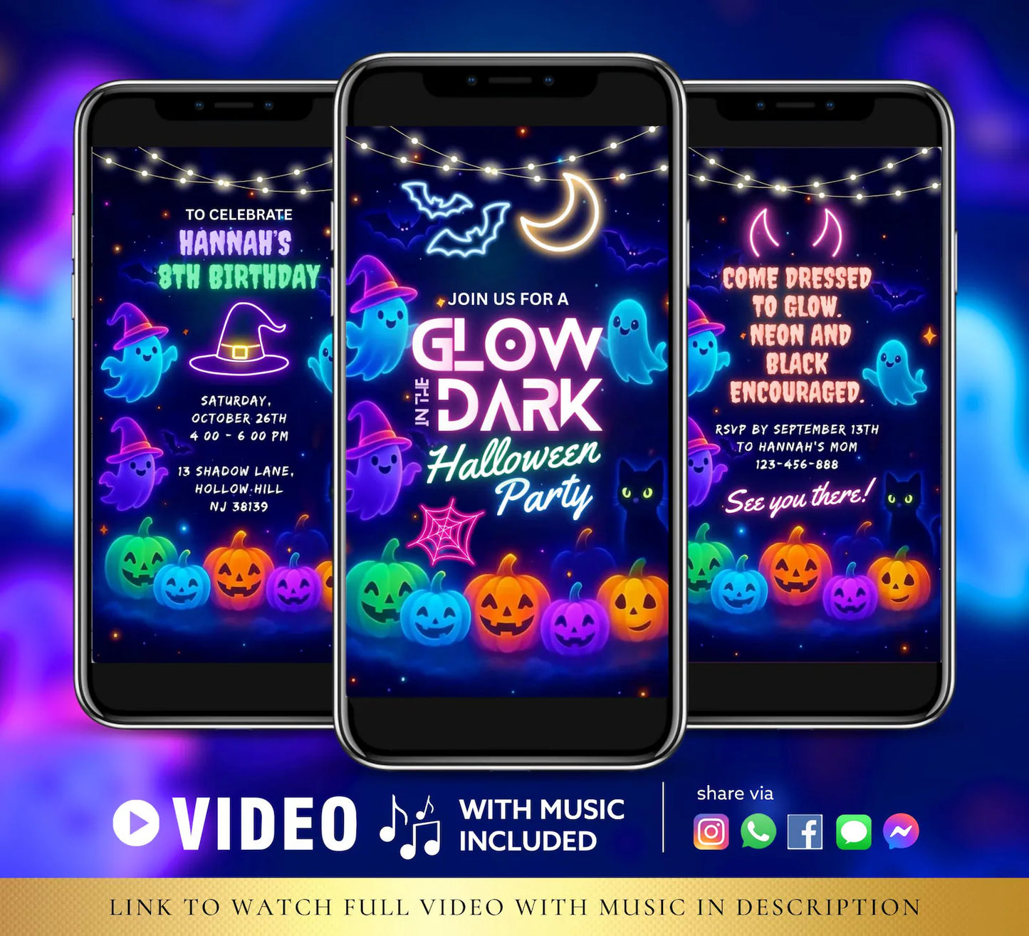 Editable Glow In The Dark Halloween Party Video Invitation