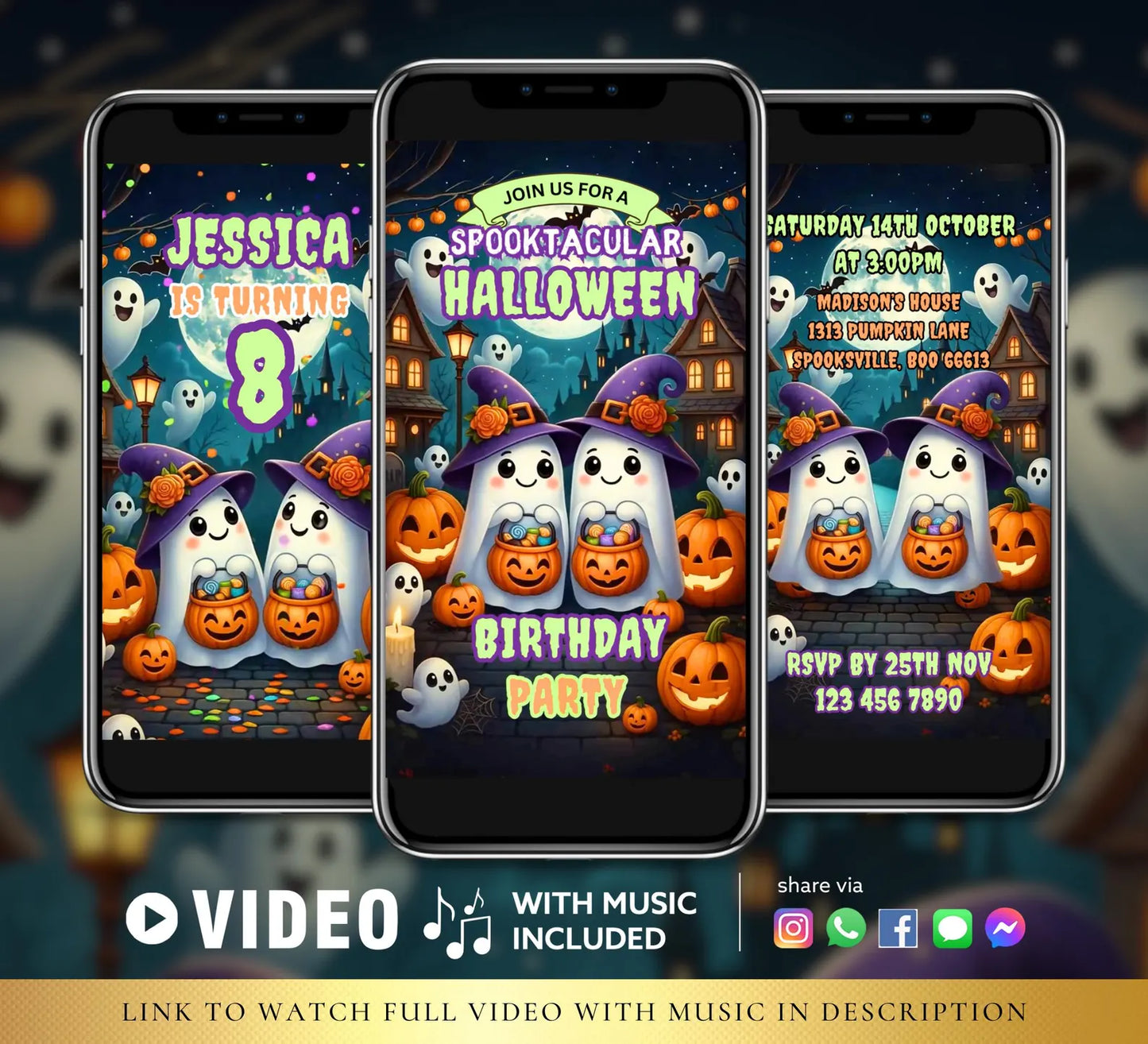 Editable Cute Dancing Ghosts Halloween Party Video Invitation