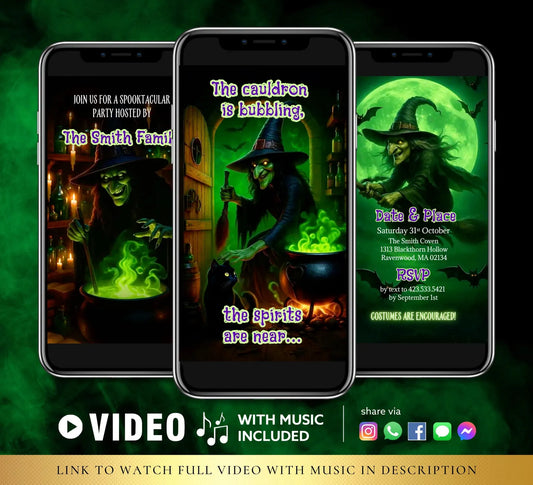 Scary Green Witch Bubbling Cauldron Halloween Party Video Invitation