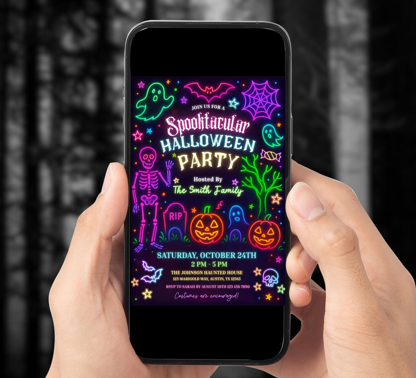 Editable Neon Glow Spooktacular Halloween Invitation | Kids Graveyard Bash | Skeleton Costume Party Theme | Digital & Printable Download