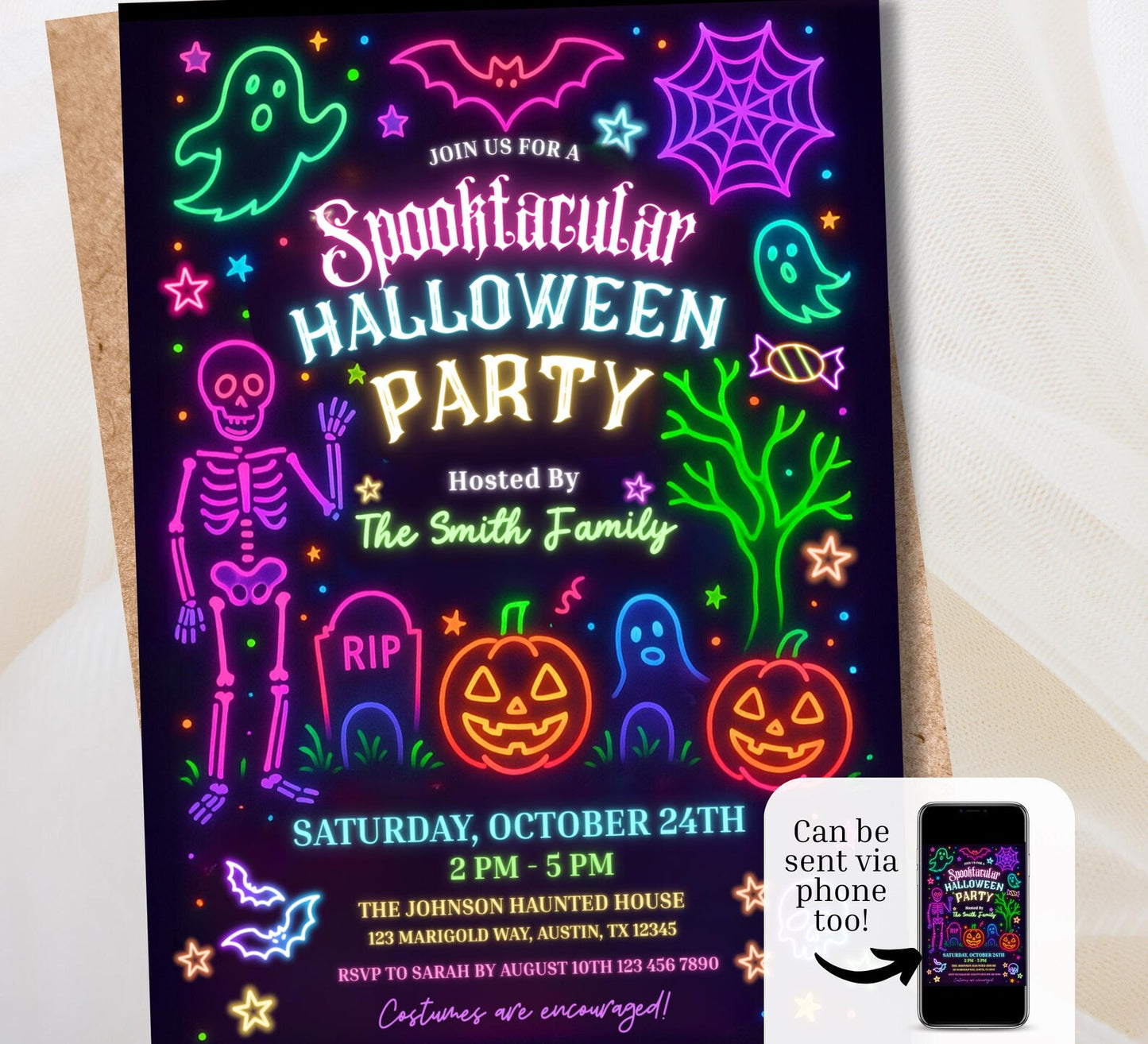 Editable Neon Glow Spooktacular Halloween Invitation | Kids Graveyard Bash | Skeleton Costume Party Theme | Digital & Printable Download