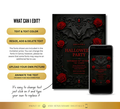 Halloween Gothic Bat Decor Invite Digital and Printable