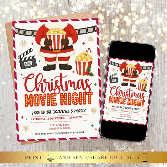 Christmas Movie Night Santa Party Invite | Digital and Printable