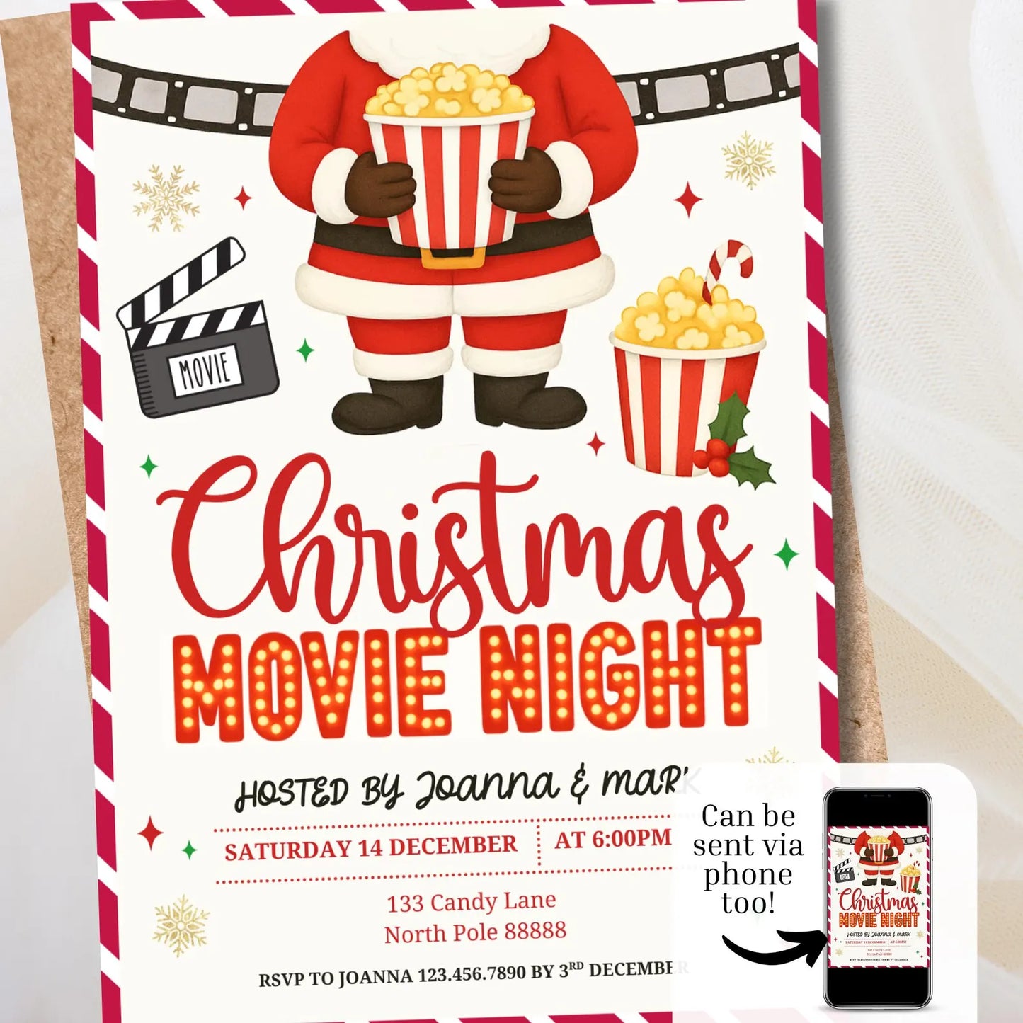 Christmas Movie Night Santa Party Invite | Digital and Printable
