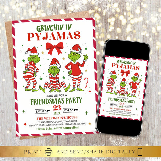 Pajama Sleepover Christmas Party Invite |  Festive Funny Invitation | Digital and Printable