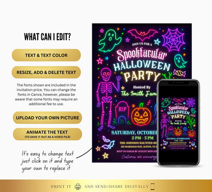 Editable Neon Glow Spooktacular Halloween Invitation | Kids Graveyard Bash | Skeleton Costume Party Theme | Digital & Printable Download