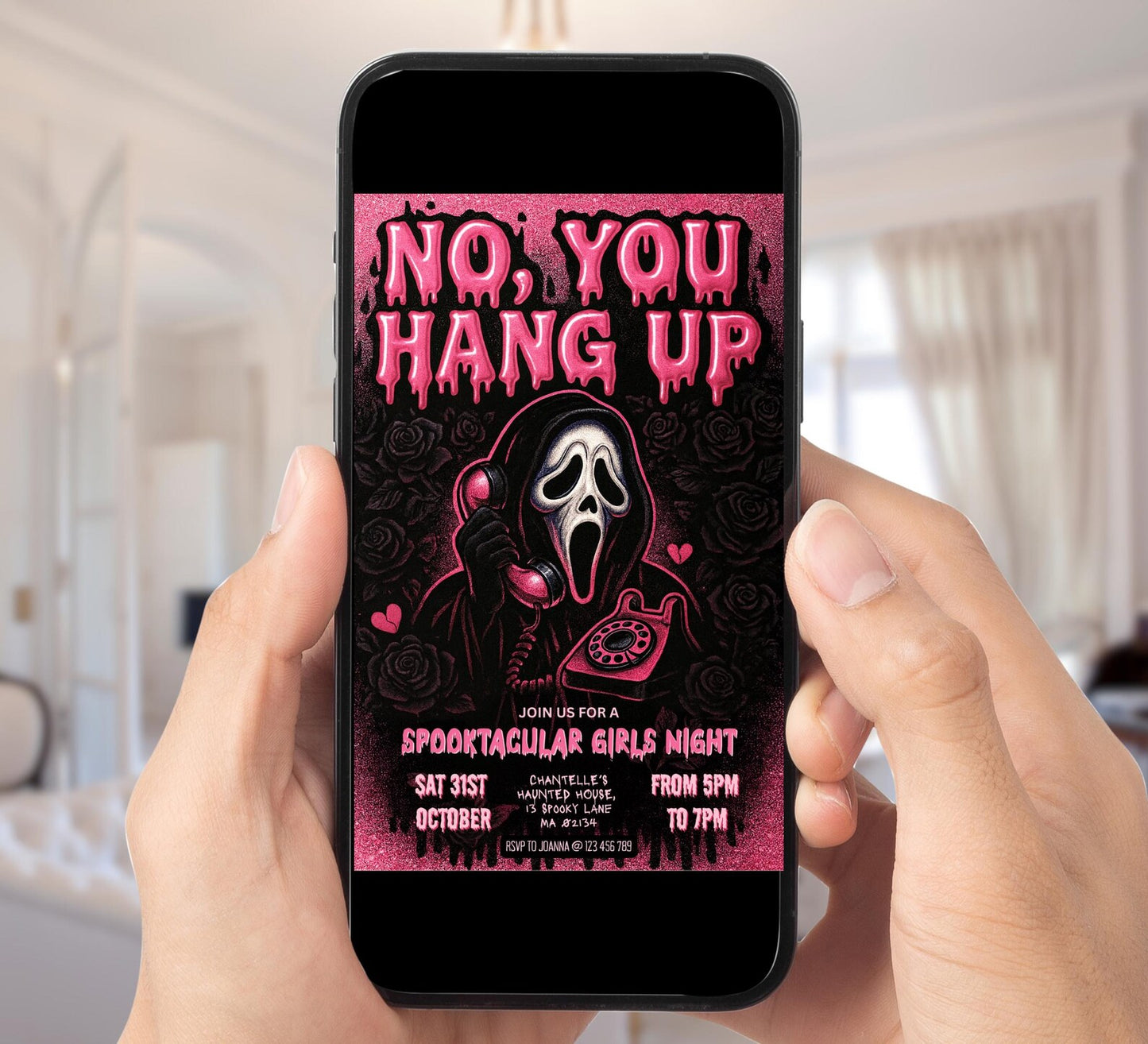 Editable Scary Mask Pink Ghost Halloween Party Invitation Digital and Printable Invite