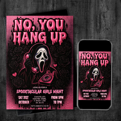 Editable Scary Mask Pink Ghost Halloween Party Invitation Digital and Printable Invite