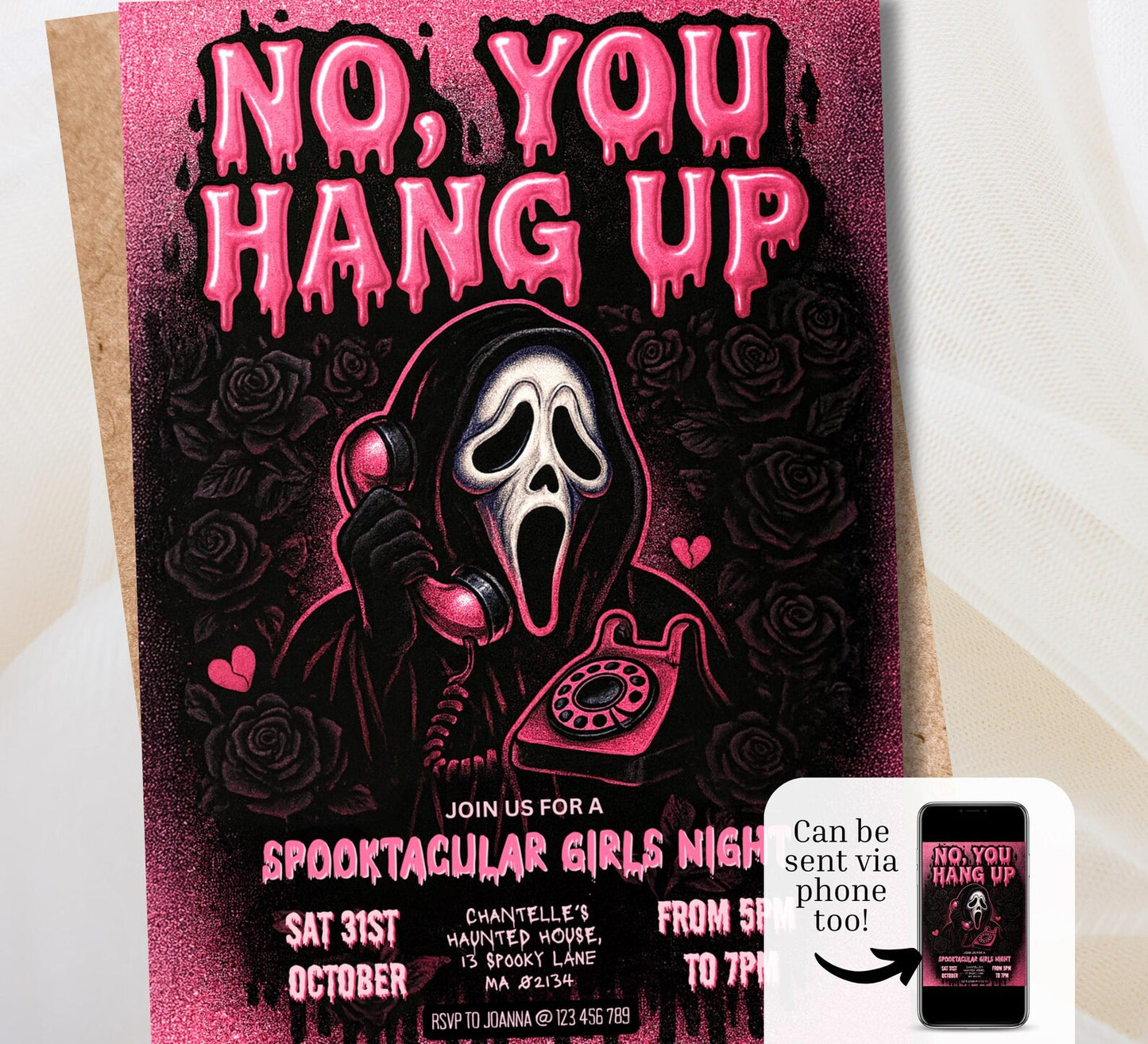 Editable Scary Mask Pink Ghost Halloween Party Invitation Digital and Printable Invite
