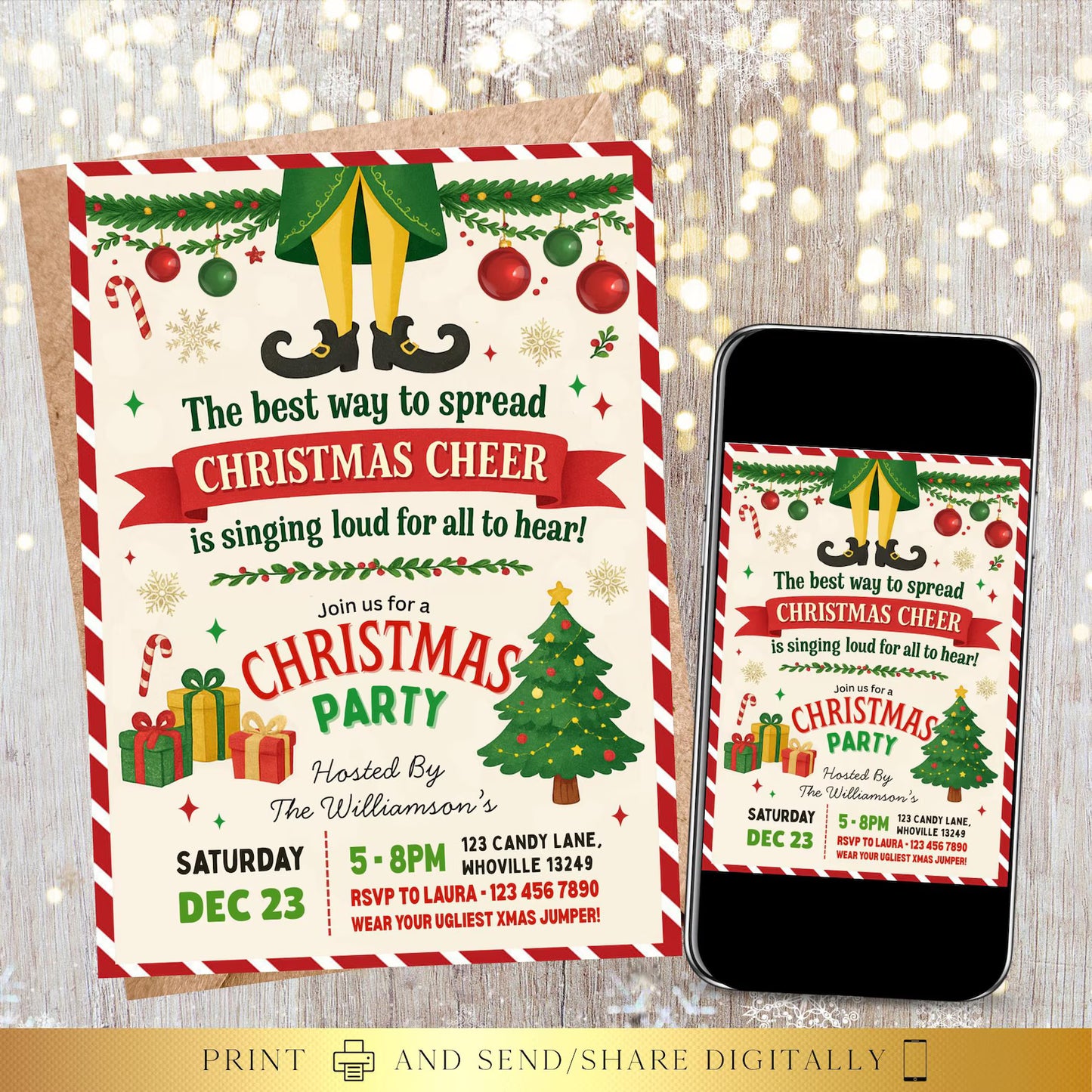 Editable Elf Christmas Party Invite |  Birthday Party Invitation | Digital and Printable