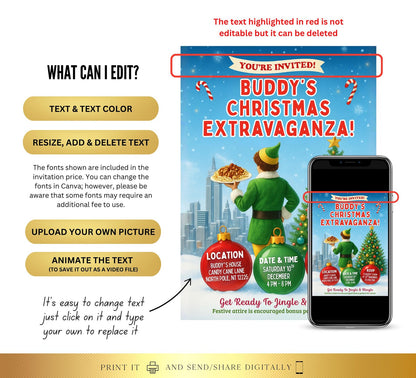 Editable Elf Christmas Party Invite |  Birthday Party Invitation | Digital and Printable