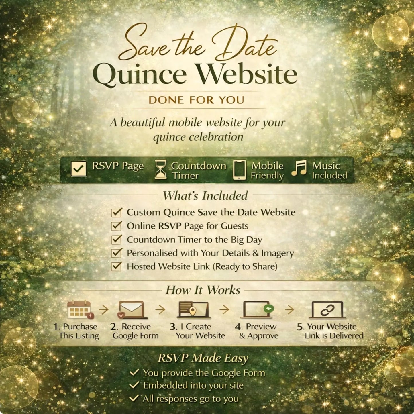 Custom Quince Website – Quinceañera Dress Save the Date Invite, Music, RSVP & Countdown Timer  - Emerald Green Enchanted Princess Q002
