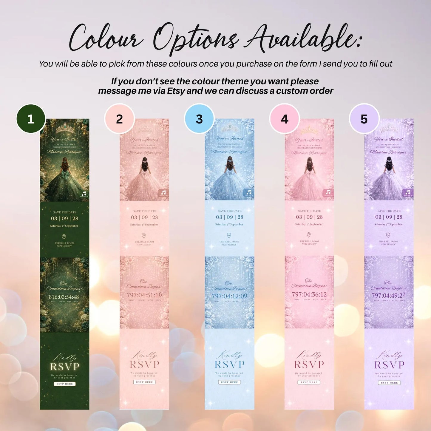 Custom Quince Website – Quinceañera Dress Save the Date Invite, Music, RSVP & Countdown Timer  - Emerald Green Enchanted Princess Q002