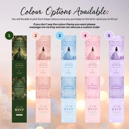 Custom Quince Website – Quinceañera Dress Save the Date Invite, Music, RSVP & Countdown Timer  - Emerald Green Enchanted Princess Q002
