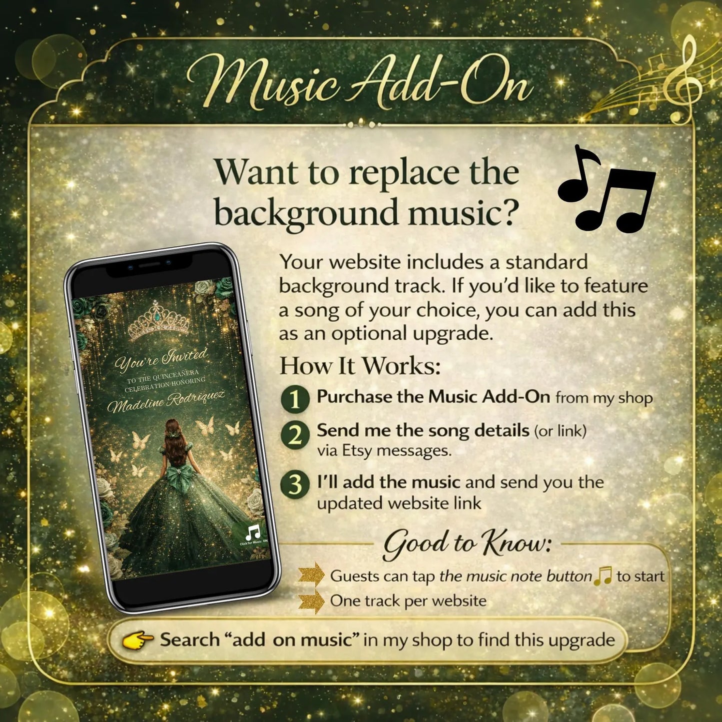 Custom Quince Website – Quinceañera Dress Save the Date Invite, Music, RSVP & Countdown Timer  - Emerald Green Enchanted Princess Q002