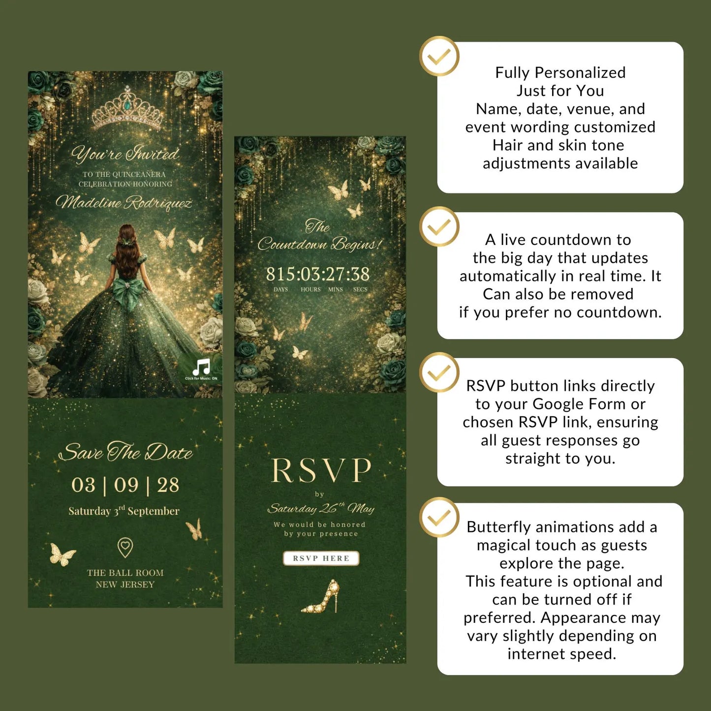 Custom Quince Website – Quinceañera Dress Save the Date Invite, Music, RSVP & Countdown Timer  - Emerald Green Enchanted Princess Q002