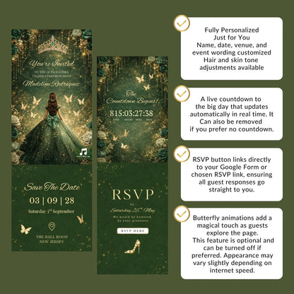 Custom Quince Website – Quinceañera Dress Save the Date Invite, Music, RSVP & Countdown Timer  - Emerald Green Enchanted Princess Q002