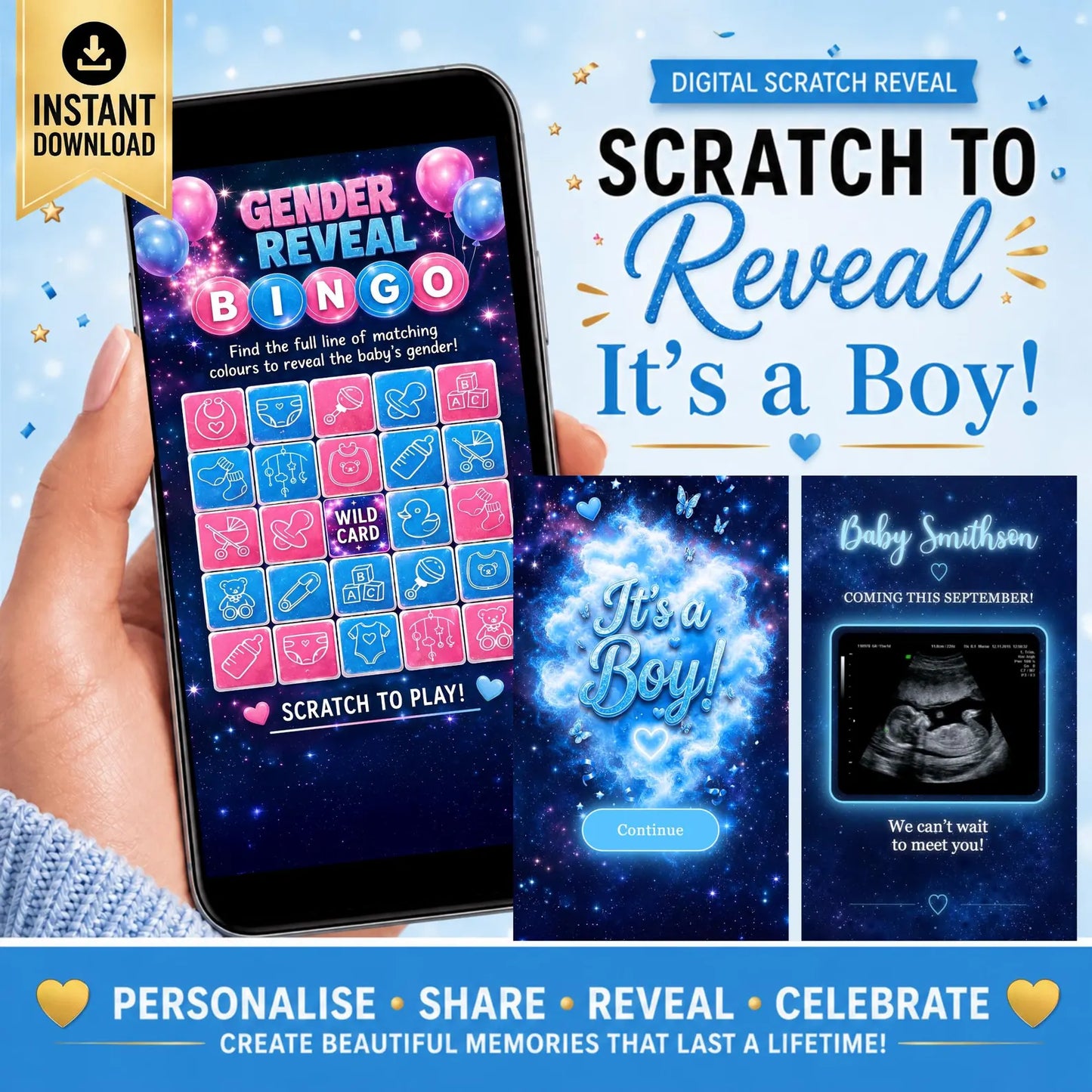 Gender Reveal Bingo Game | Interactive Digital Scratch Reveal | Personalised Baby Gender Reveal | Custom Virtual Scratch Card