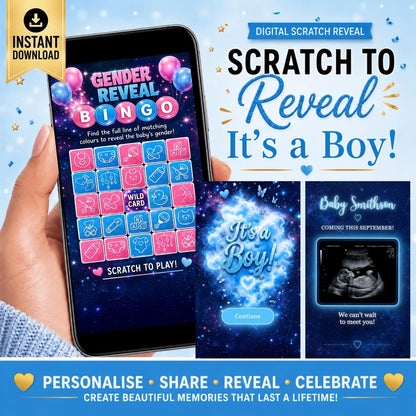 Gender Reveal Bingo Game | Interactive Digital Scratch Reveal | Personalised Baby Gender Reveal | Custom Virtual Scratch Card