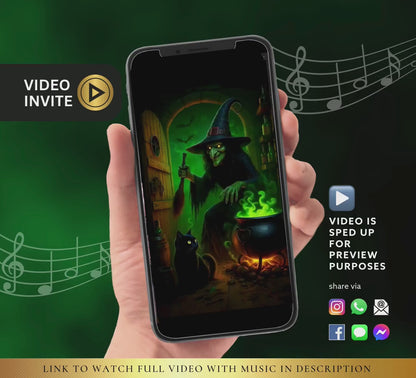 Scary Green Witch Bubbling Cauldron Halloween Party Video Invitation