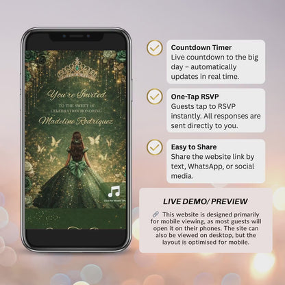 Custom Quince Website – Quinceañera Dress Save the Date Invite, Music, RSVP & Countdown Timer  - Emerald Green Enchanted Princess Q002
