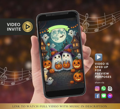 Editable Cute Dancing Ghosts Halloween Party Video Invitation