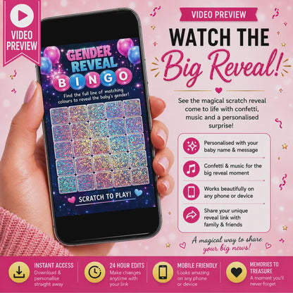 Gender Reveal Bingo Game | Interactive Digital Scratch Reveal | Personalised Baby Gender Reveal | Custom Virtual Scratch Card